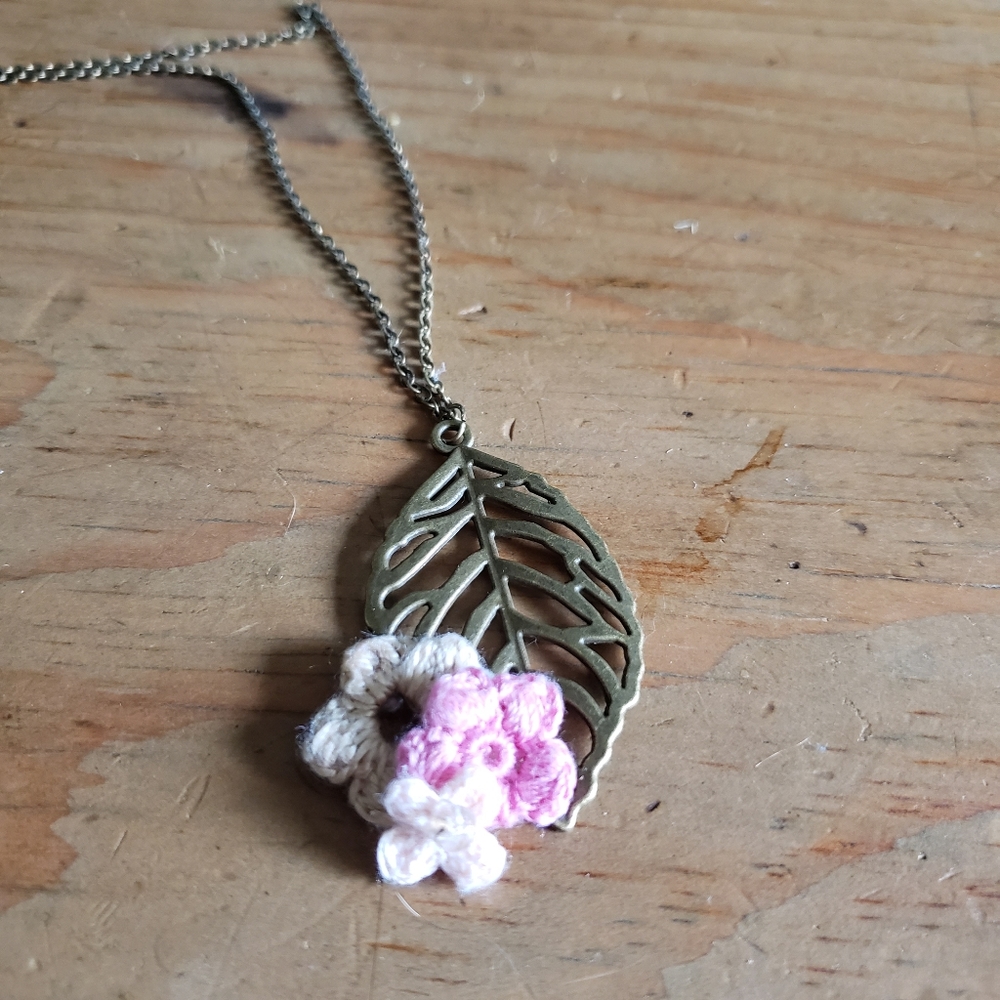 Handmade Crochet Flowers & Antique Bronze Leaf Rustic Vintage Unique Necklace